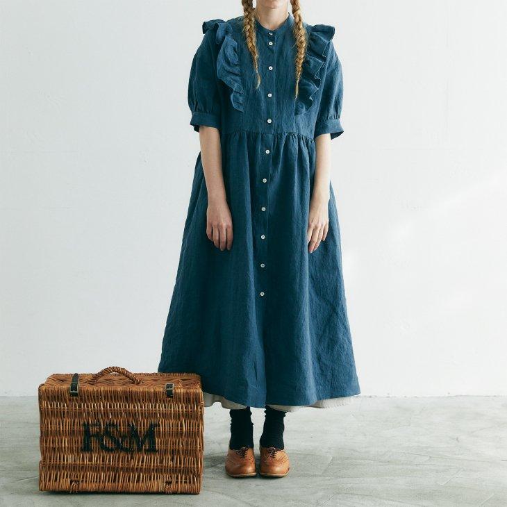 MAGALI | ベルギーリネン・ショルダーフリル・ワンピース (blue green  