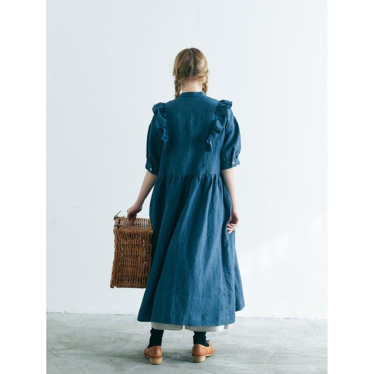 MAGALI | ベルギーリネン・ショルダーフリル・ワンピース (blue green  