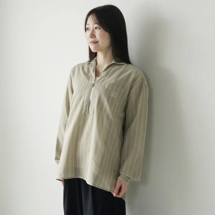 ASEEDONCLOUD | Merchant Reversible shirt (beige) size S | アシードンクラウド トップス ストライプ リネン 強撚ローン 2way