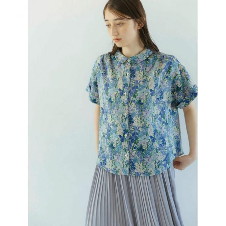sosotto (ソソット) | リネンLIBERTY袖折り返し半袖ブラウス (blue 