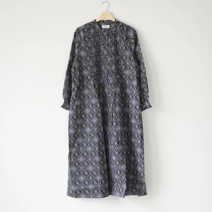 sosotto（ソソット） | 格子花柄ピンタックウエストドロストOP (navy