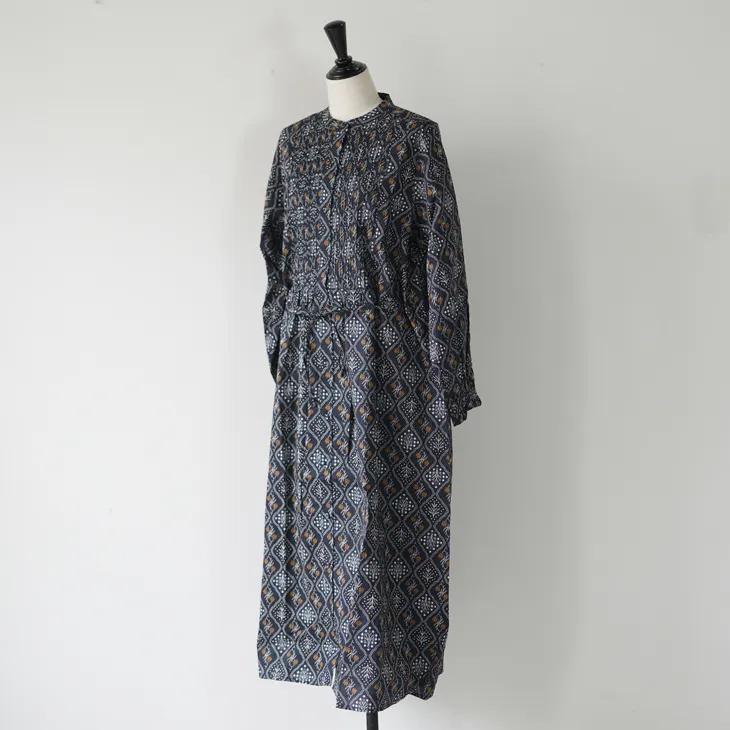 sosotto（ソソット） | 格子花柄ピンタックウエストドロストOP (navy