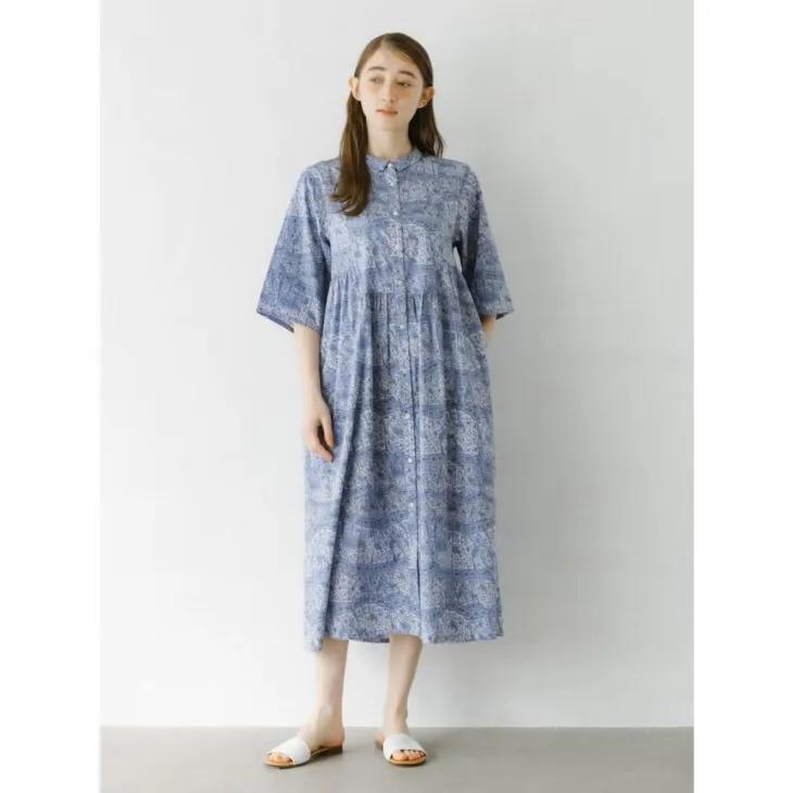 sosotto (ソソット) | LIBERTY タナローンチビ衿ヨーク切替ギャザーOP6分袖 (blue) | リバティ Fan柄 26ssの画像