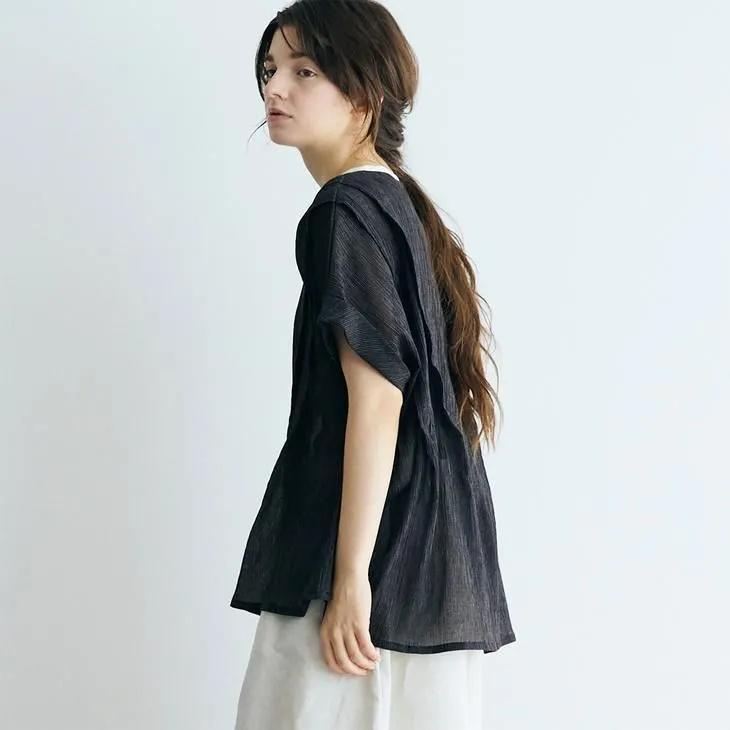 マガリ　ストライプ 半袖ブラウス MAGALI（マガリ） | ストライプコットンシフォン・タックブラウス