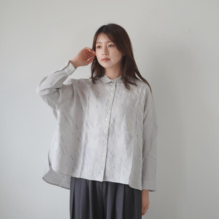 STAMP AND DIARY | Runo 刺繍 60リネン ラウンドカラービッグシャツ 