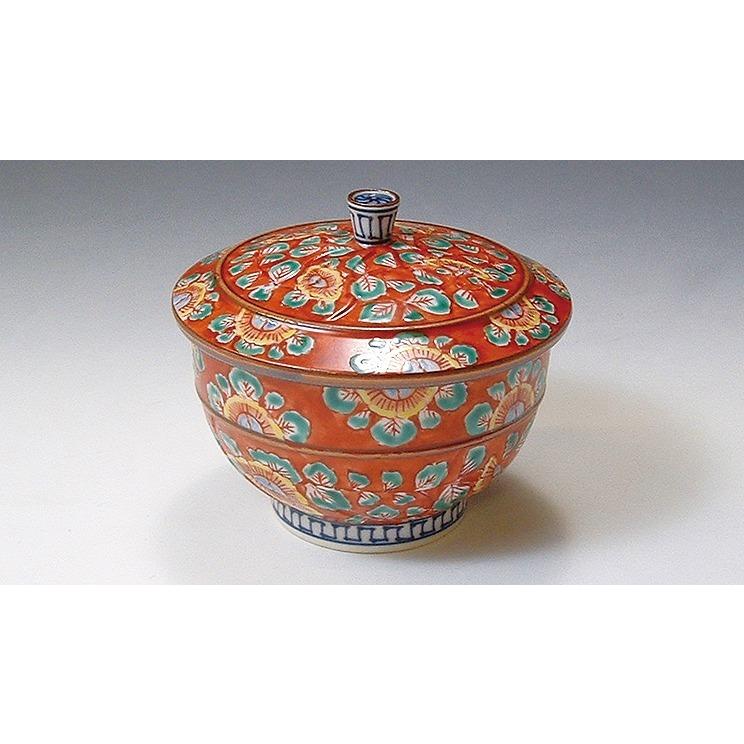 京焼 清水焼 磁器 蓋付湯呑汲出碗 赤濃牡丹唐草 5客セット 木箱入 食器