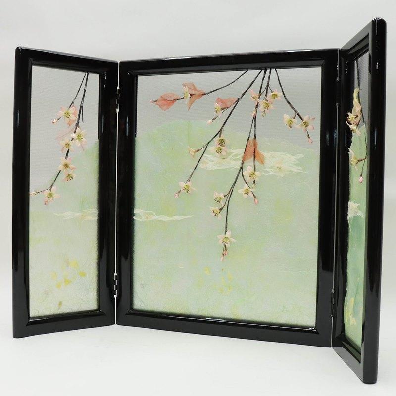 アウトレット品 屏風 屏風のみ 20号 三曲屏風 山に桜 UK-8200 黒塗 23a-ya-0399_3