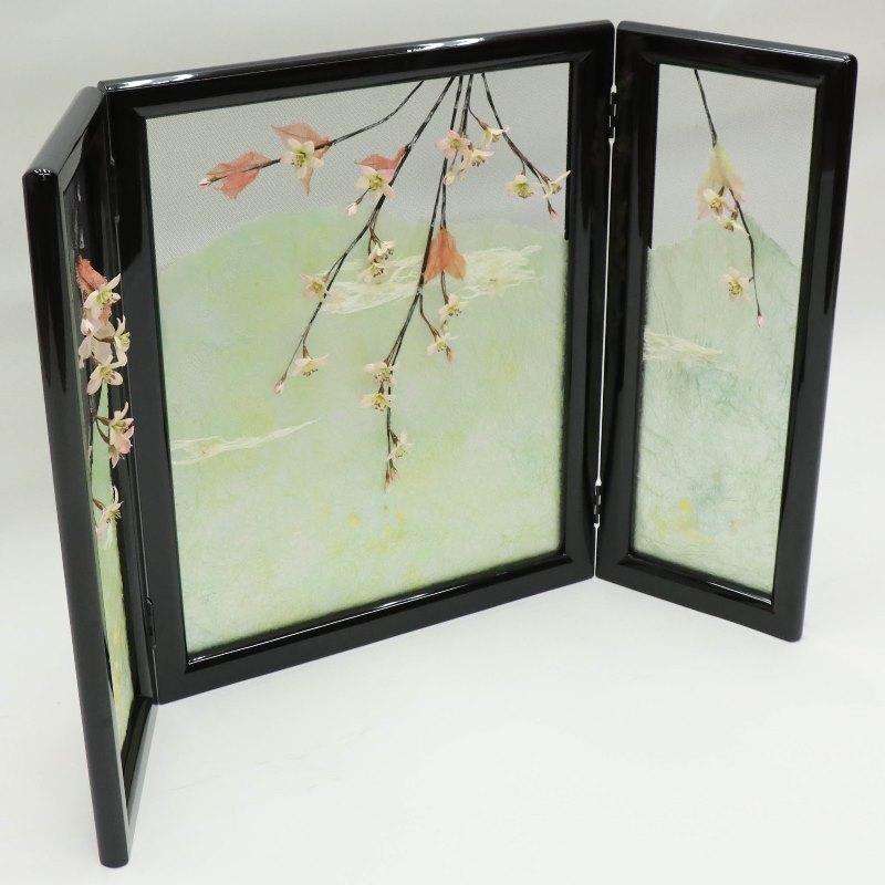 アウトレット品 屏風 屏風のみ 20号 三曲屏風 山に桜 UK-8200 黒塗 23a-ya-0399_4