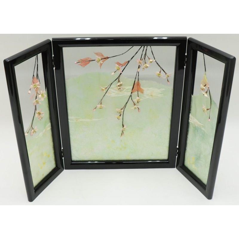 アウトレット品 屏風 屏風のみ 20号 三曲屏風 山に桜 UK-8200 黒塗 23a-ya-0399_7
