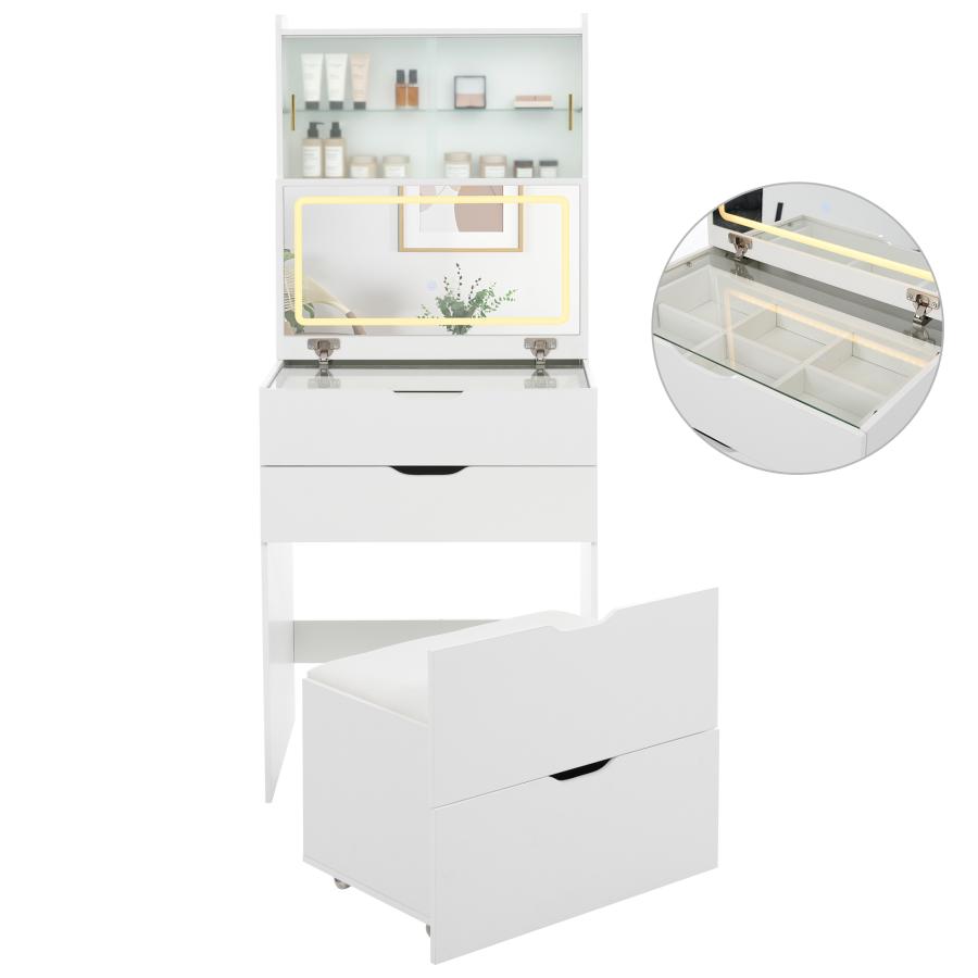 ドレッサー 椅子一体型収納付き LEDライト付き 3色LED コンセント付き