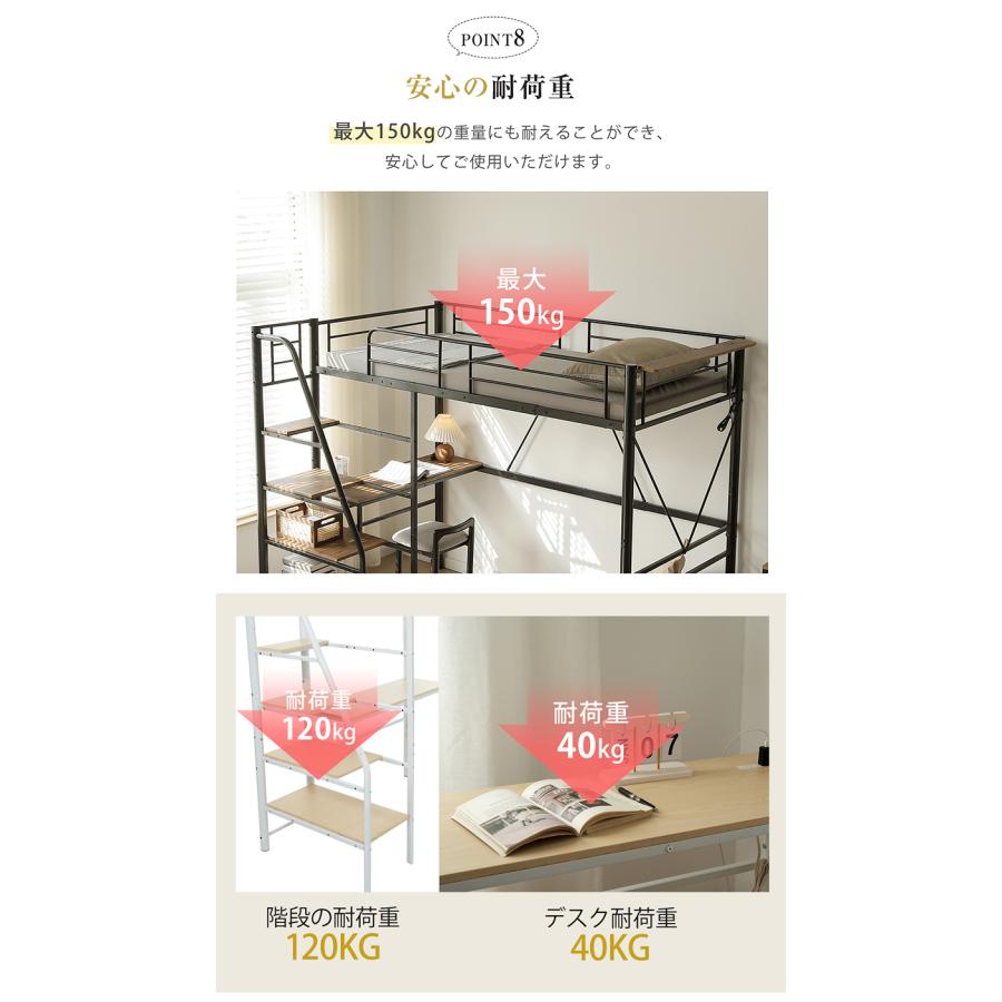 BTM ロフトベッド 階段 宮 ハイタイプ 机付き ハイベッド 大人用 子供