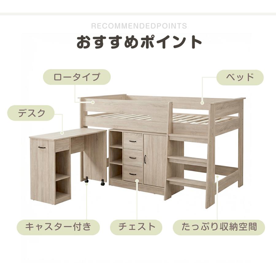 ロフトベッド&キャスター付きローチェスト BTM ロフトベッド システムベッド ロータイプ デスク付 収納ラック付