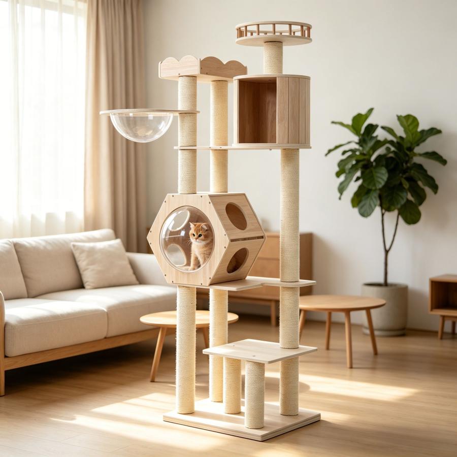 キャットタワー 猫タワー 木製 高さ179cm 展望台 宇宙船ハウス 円筒型