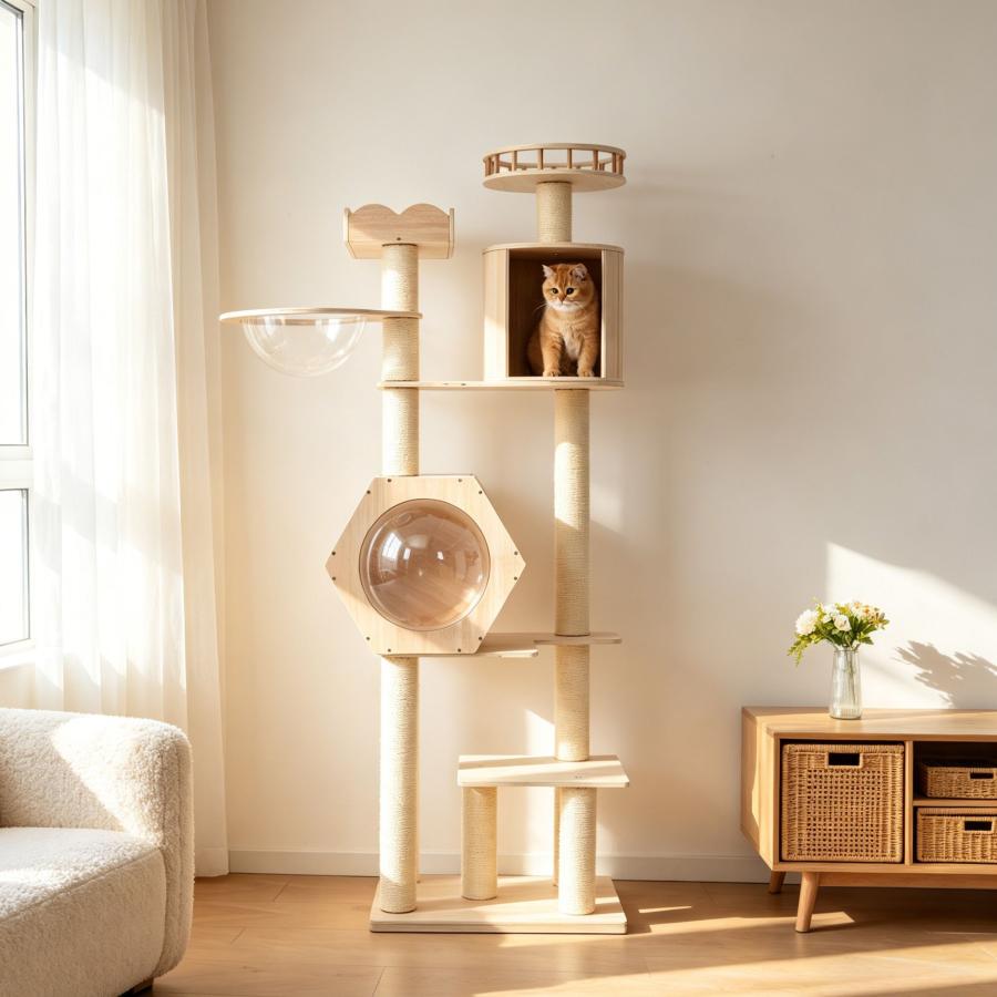 キャットタワー 猫タワー 木製 高さ179cm 展望台 宇宙船ハウス 円筒型