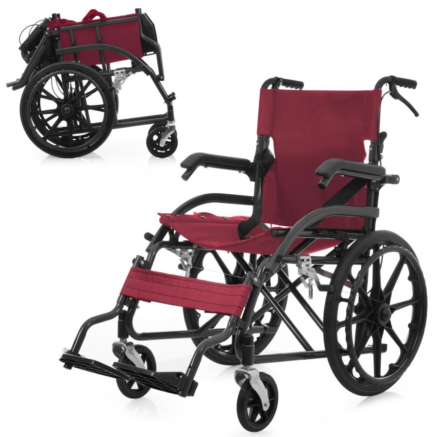 車椅子 折畳み 自走式ノーパンクタイヤ 外出用 介護 福祉用具 ブラック+レッド 車椅子 自走式 折りたたみ 軽量 コンパクト ノーパンクタイヤ 自走介助