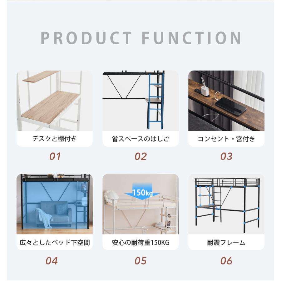 ロフトベッド 収納 シングル ハイタイプ デスク付き 書棚 宮 コンセント付き 子供 大人用 頑丈 耐震 システムベッド すのこ スチール 子供部屋 寮｜hahaprice｜02