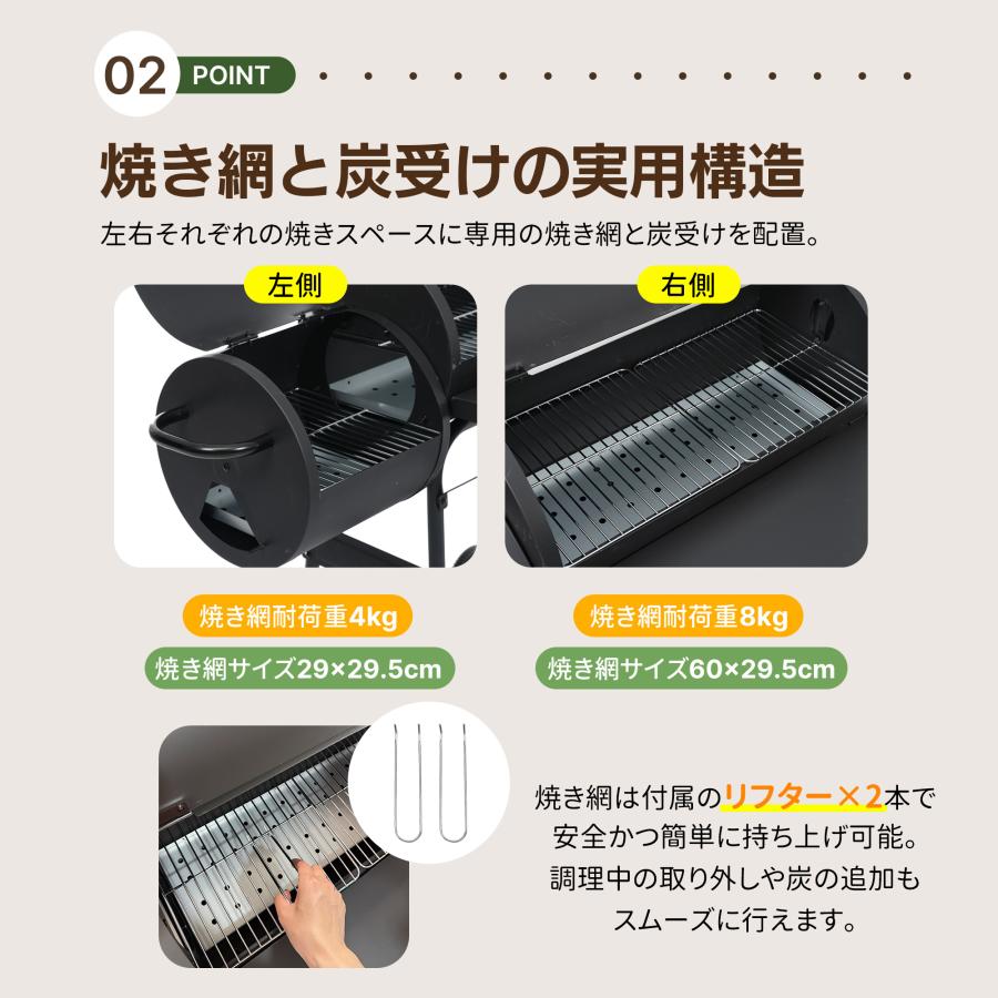 バーベキューコンロ BBQコンロ 焼き網 温度計 通気口 バレル蓋 サイド