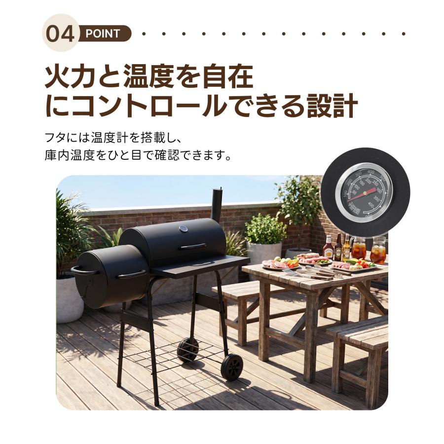 バーベキューコンロ BBQコンロ 焼き網 温度計 通気口 バレル蓋 サイド