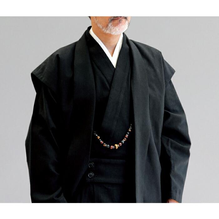 一杢 門 着物スーツ 綿ブラック M L LL 羽織風ベスト・上着・パンツ3点セット 和装スーツ 綿100％ 和装スーツの画像