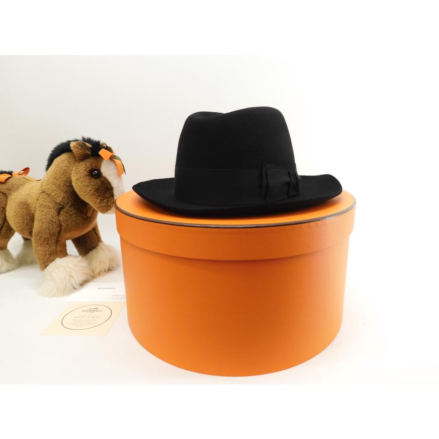 HERMES エルメス ハット ウール 黒 つば付き帽子 髪留め付 HERMES エルメス ハット ウール 黒 つば付き帽子 髪留め付