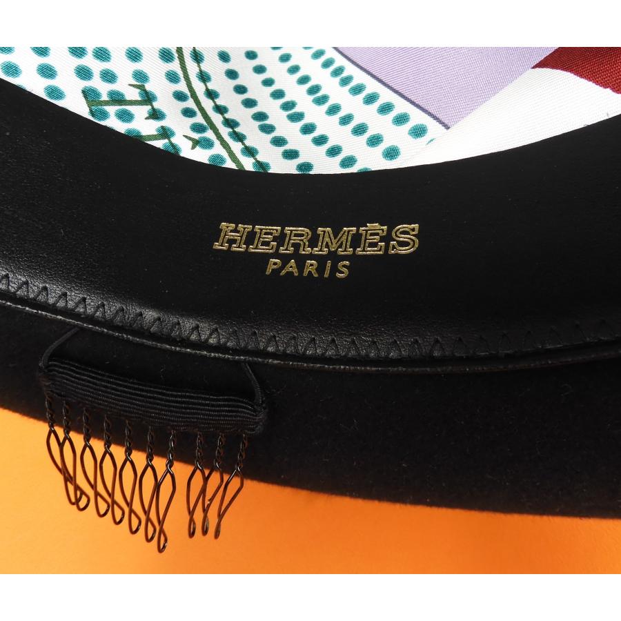 HERMES エルメス ハット ウール 黒 つば付き帽子 髪留め付 HERMES エルメス ハット ウール 黒 つば付き帽子 髪留め付