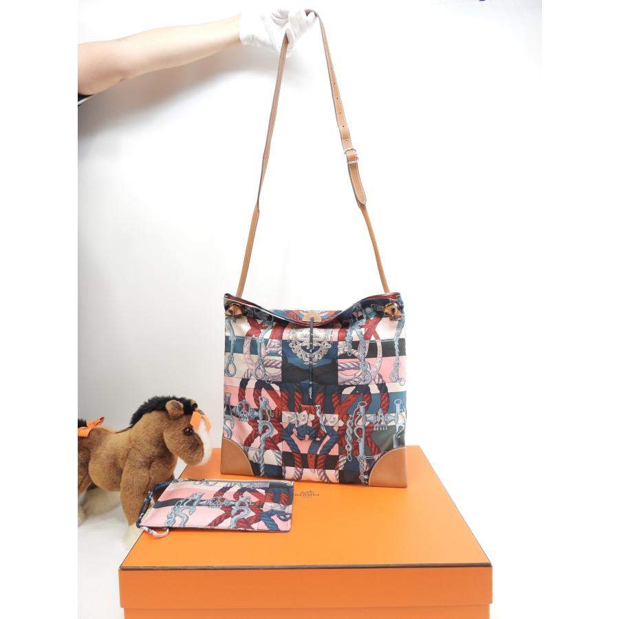 HERMES エルメス シルキーシティPM シルク/ピンク系 レザー茶 