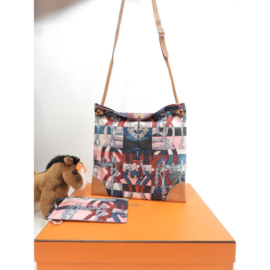 HERMES エルメス シルキーシティPM シルク/ピンク系 レザー茶 