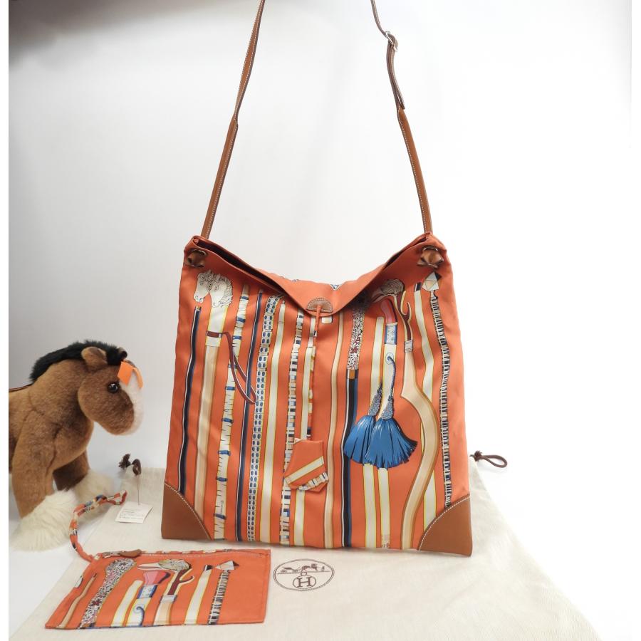 HERMES エルメス シルキーシティGM シルク/オレンジ系 レザー茶  