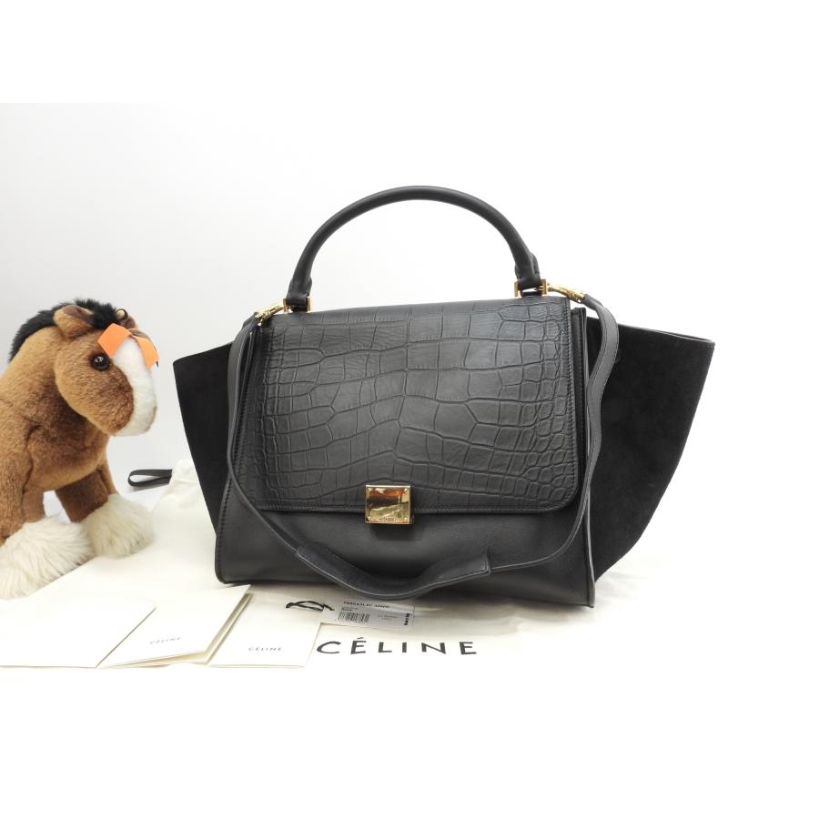 CELINE セリーヌ トラペーズ クロコ型押レザー 黒 s付ハンドバッグ 