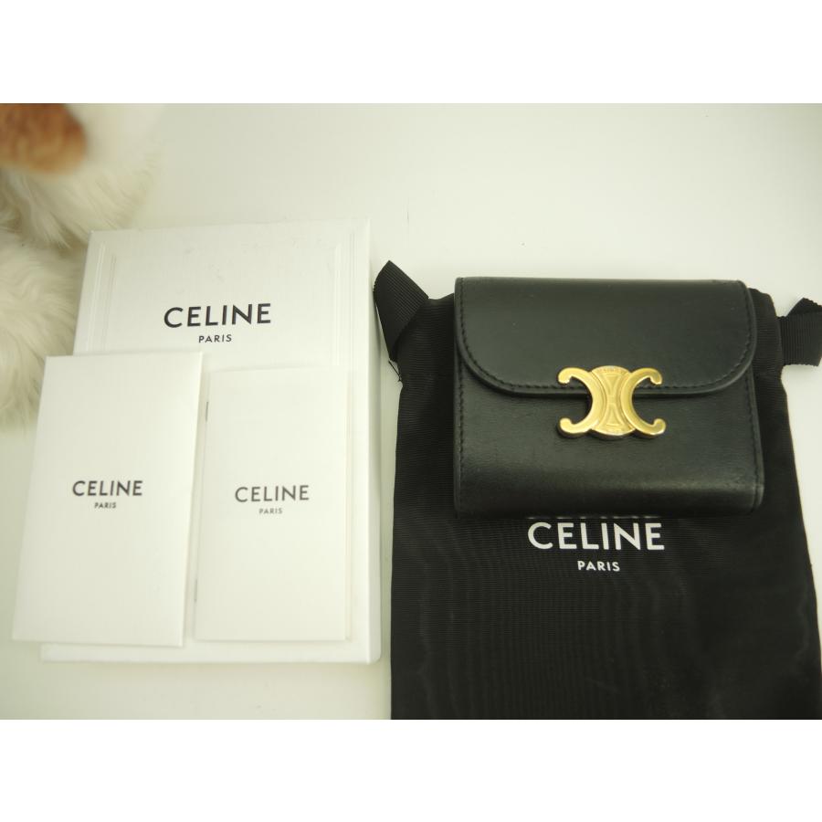 セリーヌ スモールウォレット トリオンフ金具 レザー黒 3折財布  