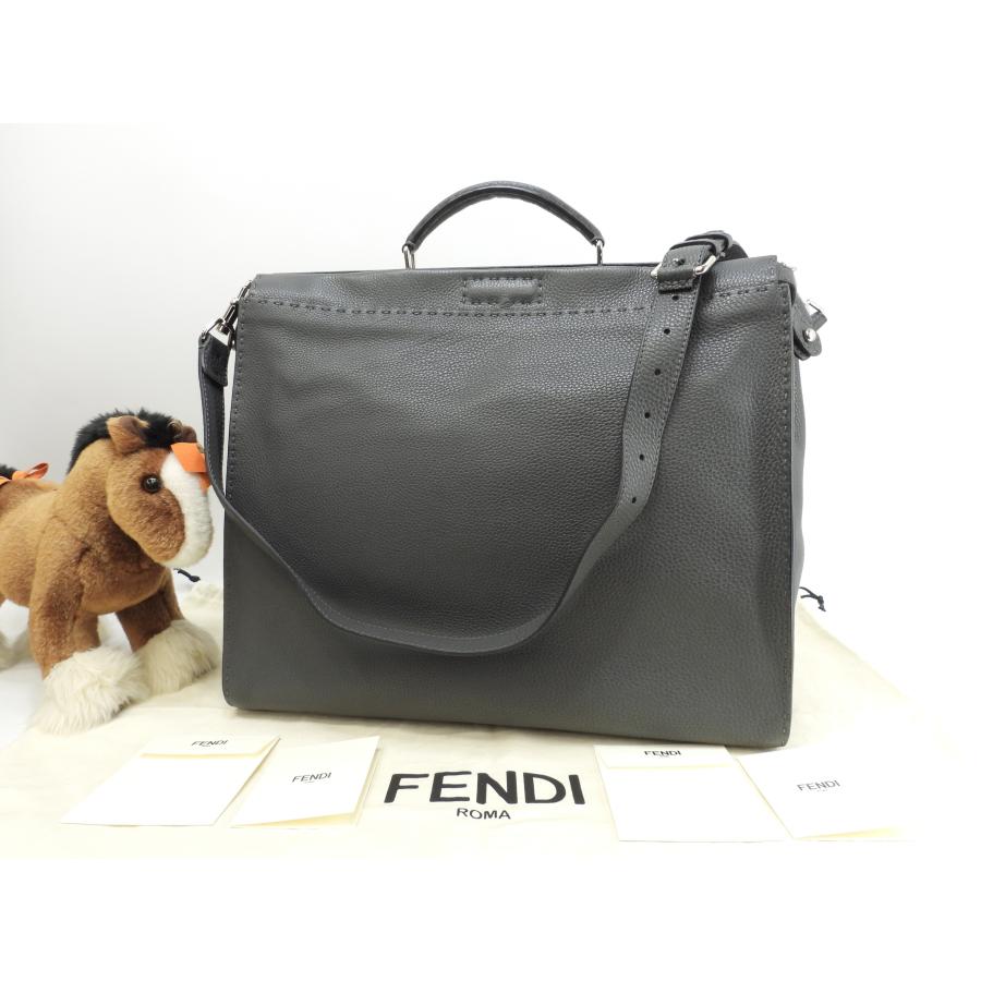 FENDI☆フェンディ　ピーカブー グレー レザービジネスバッグ PEEKABOO フェンディ ピーカブー大 セレリアレザー灰紺 メンズ