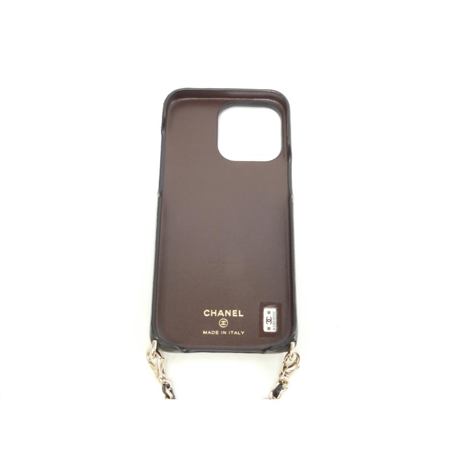シャネル iphone15proMaxケース キャビア黒 パールストラップ付カバー 美品@A180305Cの画像