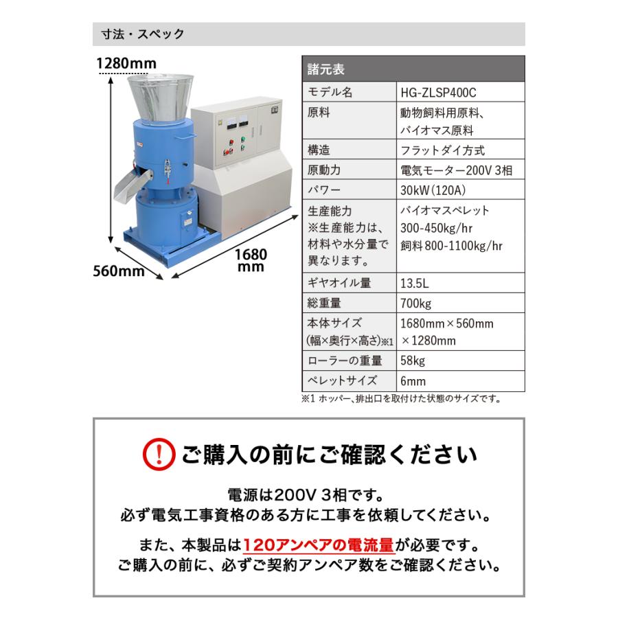 ハイガー公式 ペレタイザー 定格出力30kW 電気モーター200V 3相 フラットダイ方式 バイオマス/燃料用/飼料用/肥料用/有機肥料用 ペレット製造 HG-ZLSP400C｜haige｜09