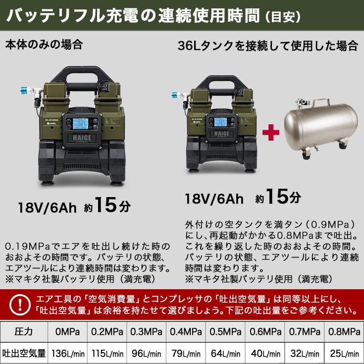 ハイガー公式 エアコンプレッサー 100V タンクレス オイルレス AC電源/充電式ハイブリッド 静音 小型 業務用 HG-DC5090M 1年保証｜haige｜06