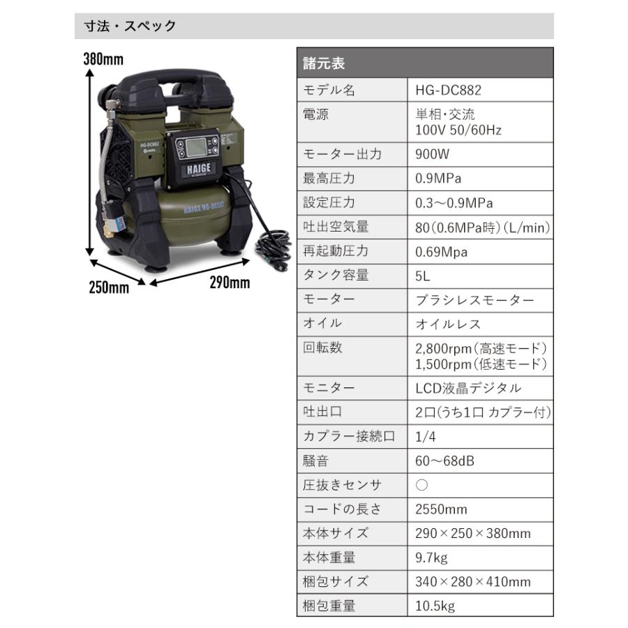 ハイガー公式 エアコンプレッサー 100V 5L オイルレス 最大圧力0.9MPa 静音 小型 業務用 HG-DC882 1年保証｜haige｜18