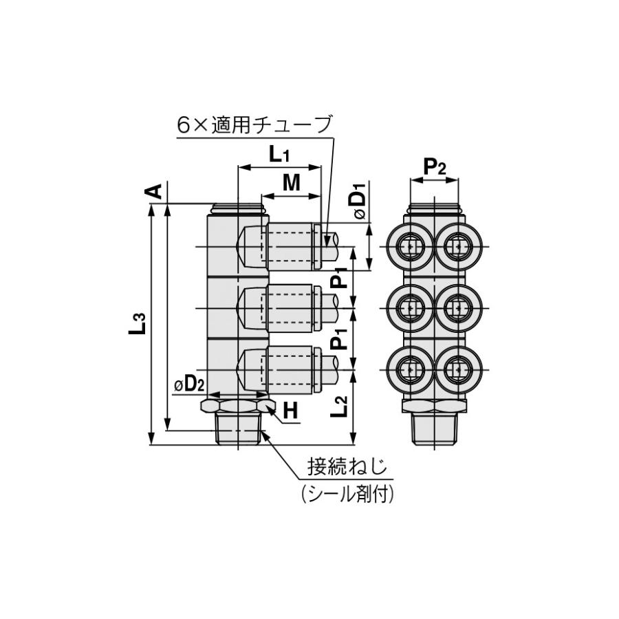 SMC:トリプルブランチユニバーサルエルボ　シール剤付　型式:KQ2ZT09-37AS（1セット:10個入）