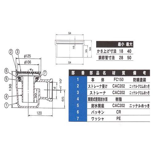 ダイドレ:床排水トラップ 非防水層用 横型 型式:T7A 50 : 配管部品