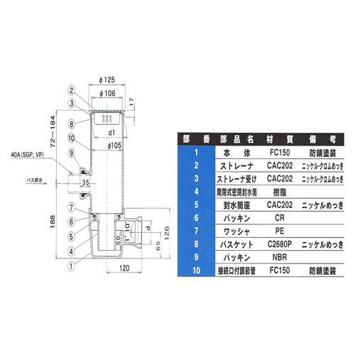 ダイドレ:床排水トラップ 非防水層用 バス兼用横型 型式:T7A-BT 50