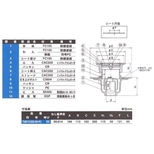 販売オーダー ダイドレ:床排水トラップ掃兼ドレン付 型式:T5BF-CODD-SH-PC 50