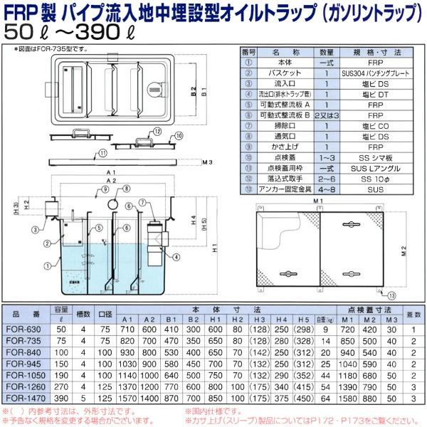 FOR-630　オイルトラップ　FRP製パイプ流入地中埋設型　プレパイ工業