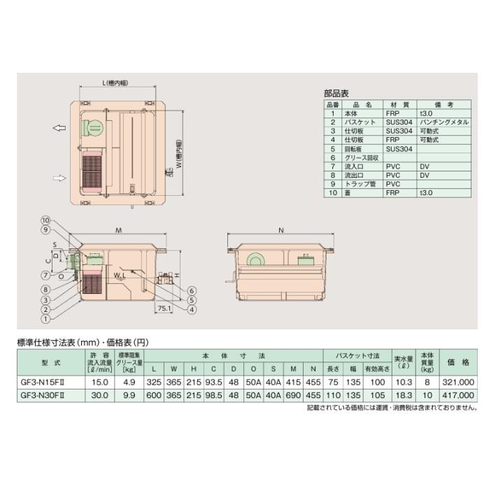 GF3-N15F グリーストラップ 床置型 FRP製 シンク下用 ホーコス : 配管