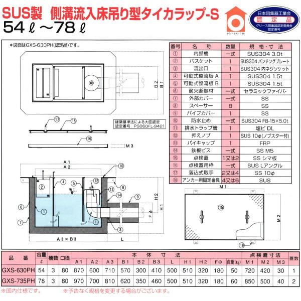 GXS-630PH　タイカラップ-S　2時間耐火性能グリーストラップ　SUS製側溝流入床吊型　プレパイ工業　グリストラップ_1