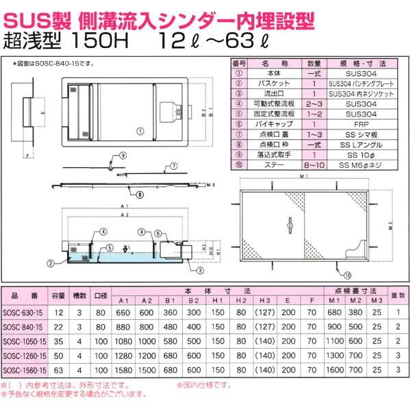 SOSC-1560-15 浅型グリーストラップ SUS製側溝流入シンダー内 SOSC-1560-15 浅型グリーストラップ SUS製側溝流入シンダー内