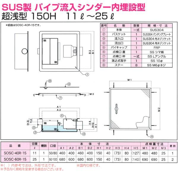 SOSC-40R-15　浅型グリーストラップ　SUS製パイプ流入シンダー内埋設型　高さ：150mm　プレパイ工業　グリストラップ