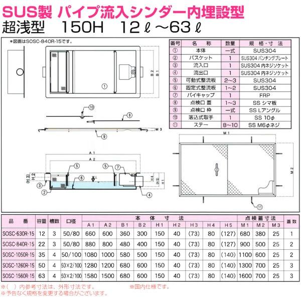 SOSC-840R-15　浅型グリーストラップ　SUS製パイプ流入シンダー内埋設型　高さ：150mm　プレパイ工業　グリストラップ |  | 01