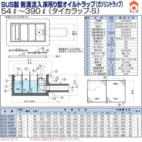 SOX-840P　タイカラップ-S　2時間耐火性能オイルトラップ　SUS製側溝流入床吊型　高さ：450mm　プレパイ工業_1
