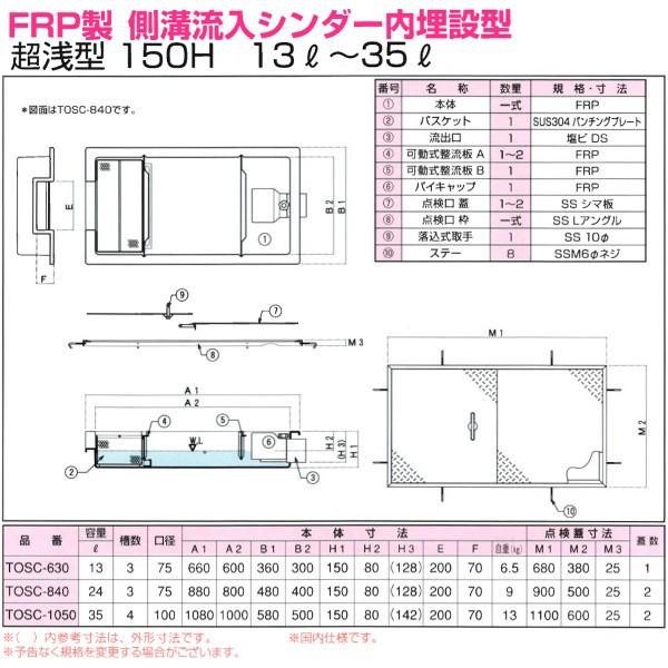 TOSC-1050　浅型グリーストラップ　FRP製側溝流入シンダー内埋設型　高さ：150mm　プレパイ工業　グリストラップ_1