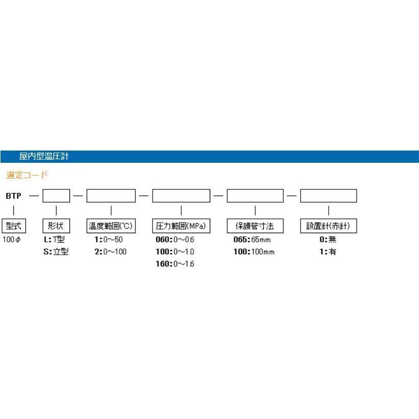 ネステック(株)　温圧計　屋内用　圧力範囲：0〜1.6MPa　立型　-2-160-065　保護管寸法：65mm　温度範囲：0〜100℃　BTP-S　100φ