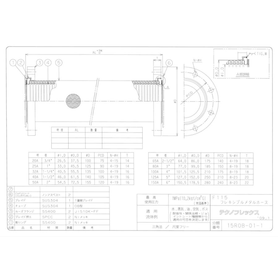 テクノフレックス SUSフレキシブルジョイント (F115)10K 125ｘ300L