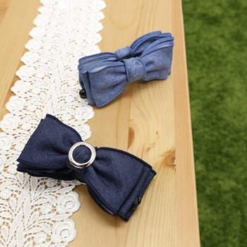 ハンドメイド　デニム　リメイク　バナナクリップ　ダメージ　リボン　レザー デニムリボンクリップ バナナクリップ ブルーデニムリボン